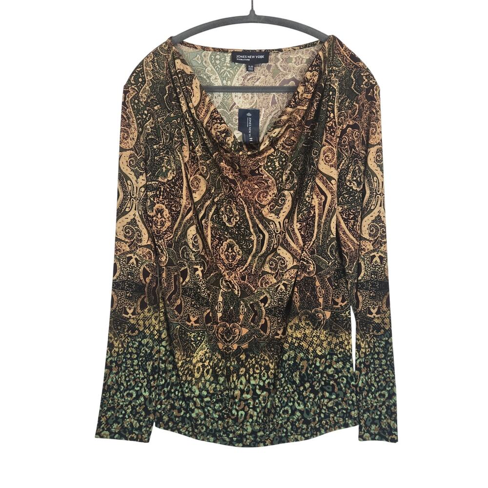 JNY Silky Drape Neck Blouse XL Whimsy Stretch Forest Fairy Casual Office NWT